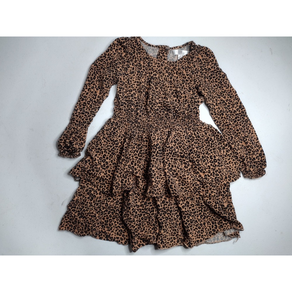 Biscotti‎ Girls Leopard Print Tiered Ruffle Dress Brown Black Long Sleeve Size 6